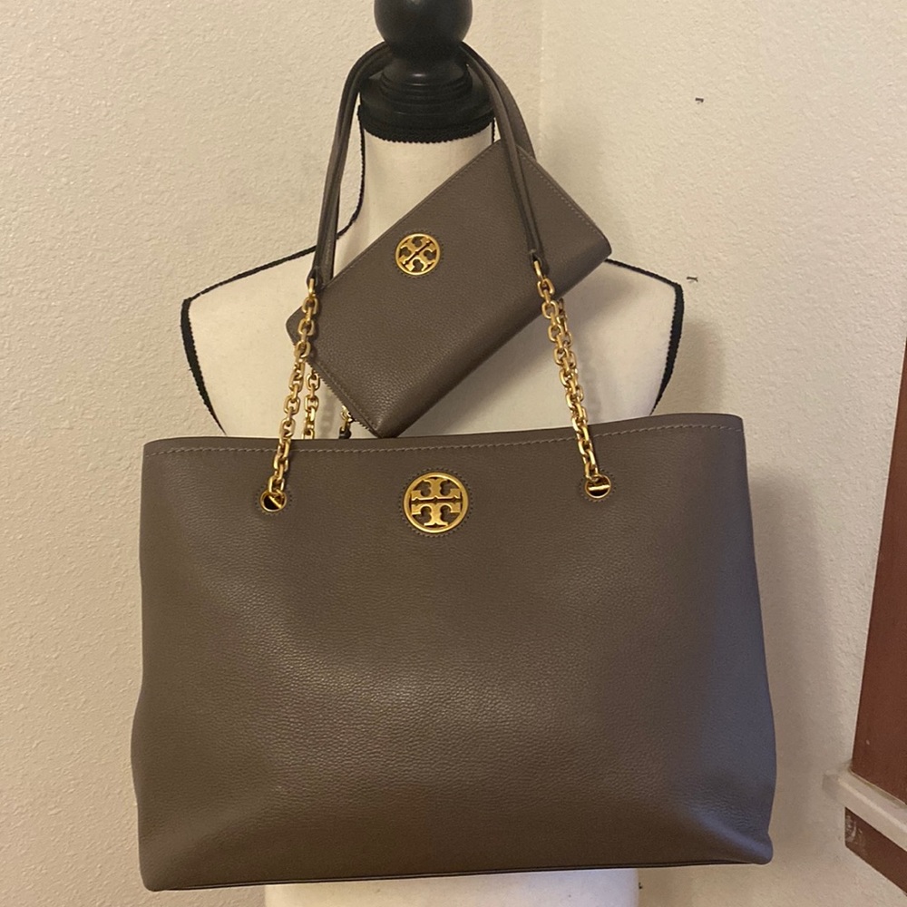 2PCS Tory Burch Carson Tote Silver Maple and Matching Wallet
